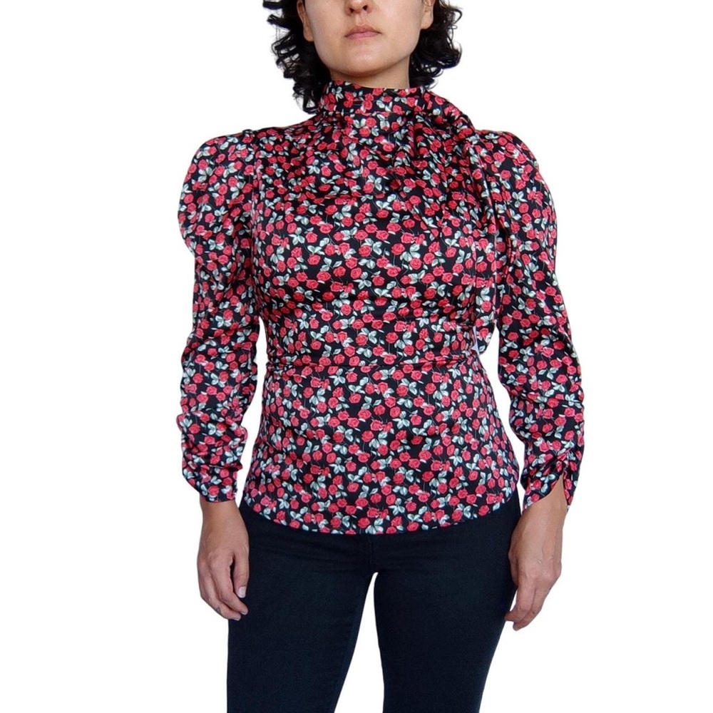 Zara Black and Red Roses Floral Print Long Sleeve Blouse Size XS - never worn